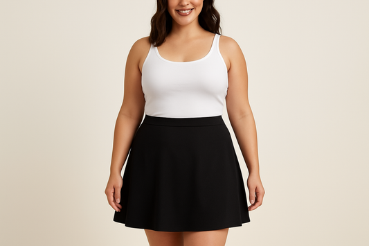 AI generated image of a Size 8 model wearing black A-line skort at 17 inches - above the knee length