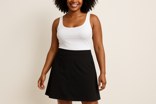 AI generated image of a Size 6 Black model wearing black A-line skort at 19 inches - at the knee length