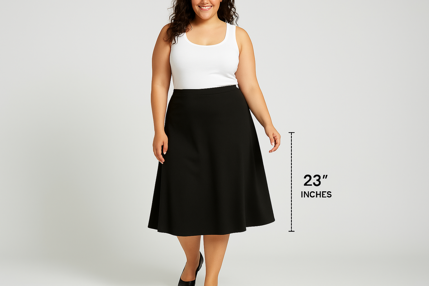 AI generated image of a Size 10 model wearing black A-line skirt at 23 inches - below the knee length