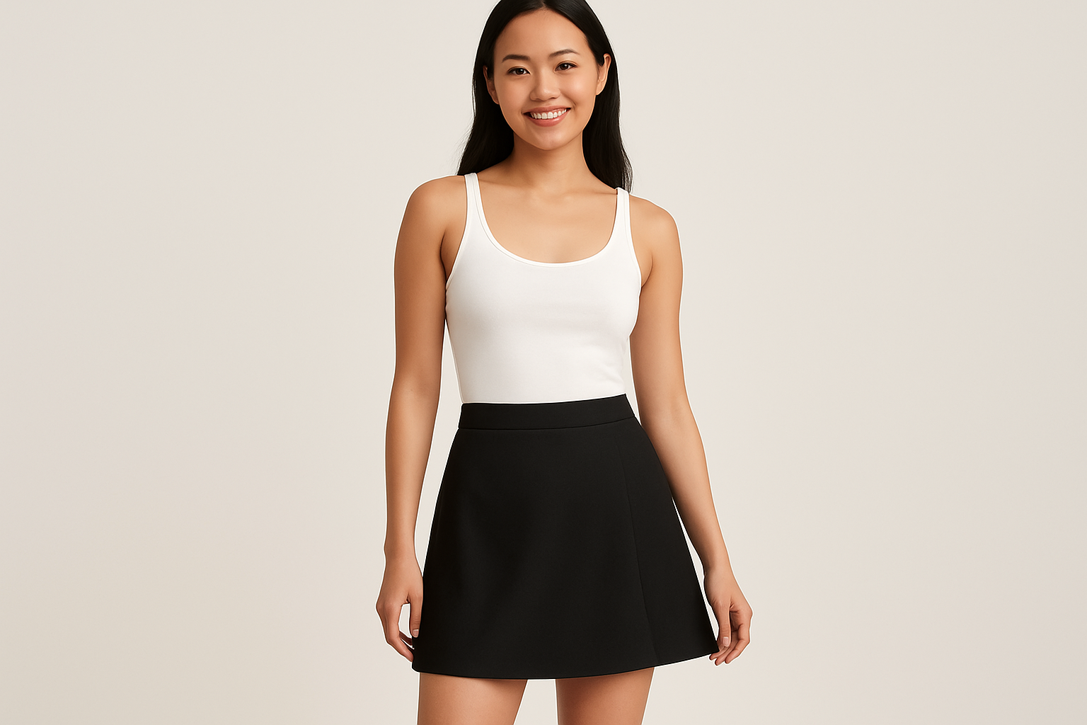 AI generated image of a Size 4 Asian model wearing black A-line skort at 14 inches - mini length