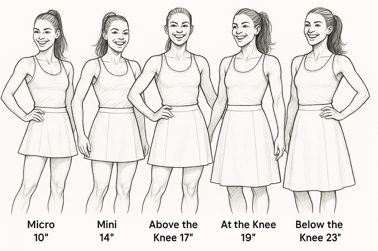 Fashion illustration showing all 5 A-line skirt lengths with happy, athletic models in tank tops, all fitting within frame: Micro 10", Mini 14", Above the Knee 17", At the Knee 19", Below the Knee 23"