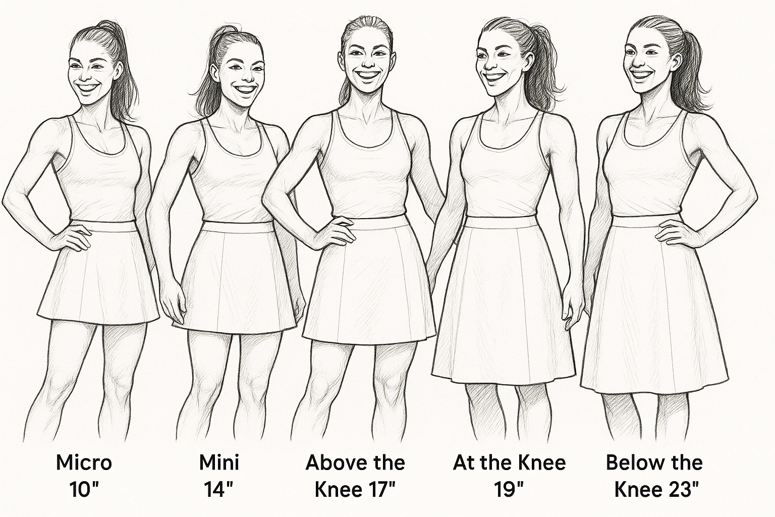 Fashion illustration showing all 5 A-line skirt lengths with happy, athletic models in tank tops, all fitting within frame: Micro 10", Mini 14", Above the Knee 17", At the Knee 19", Below the Knee 23"
