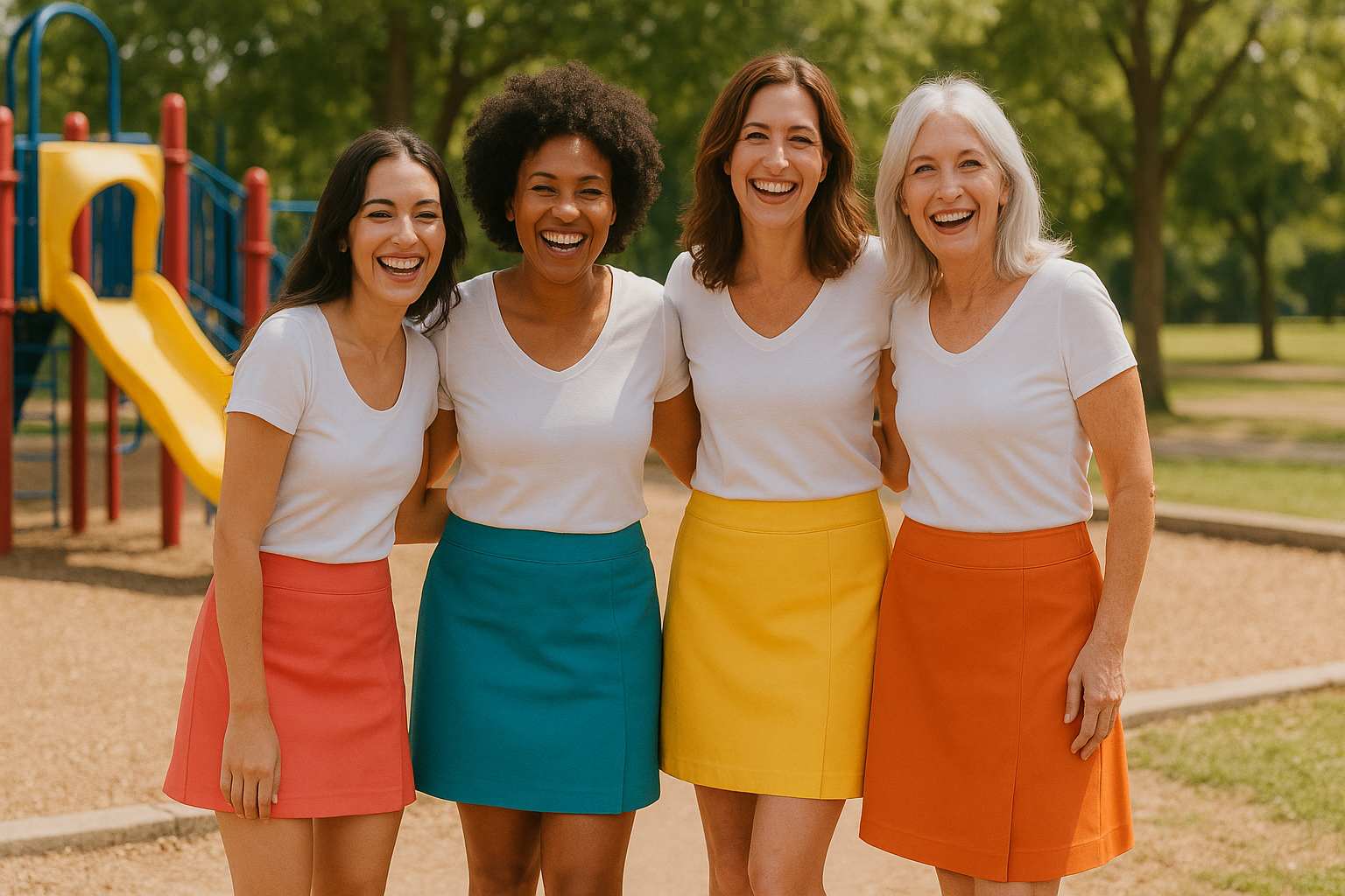 AI generated image of 4 women at a kid's playground, wearing colourful skorts